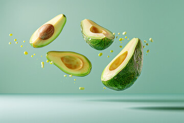 Wall Mural - avocado flying with slices isolated on a green background