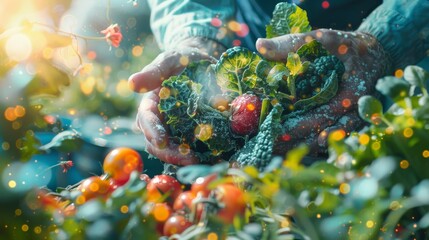 Hands holding freshly picked vegetables in a bountiful garden under natural sunlight, showcasing the beauty of organic farming.