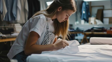 Wall Mural - A woman is sitting at a table with a piece of fabric in front of her