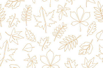 Wall Mural - Vector seamless background of autumn leaves in doodle style. Background of hand drawn leaves for textiles or book covers, wallpaper, design, graphics, print, hobbies, invitations. Vector. 