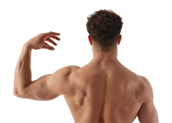 Wall Mural - Man with muscular body on white background, back view