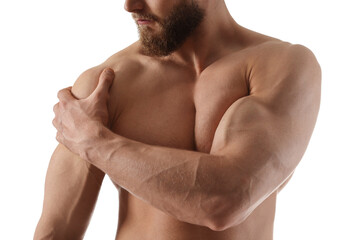 Poster - Man with muscular body on white background, closeup