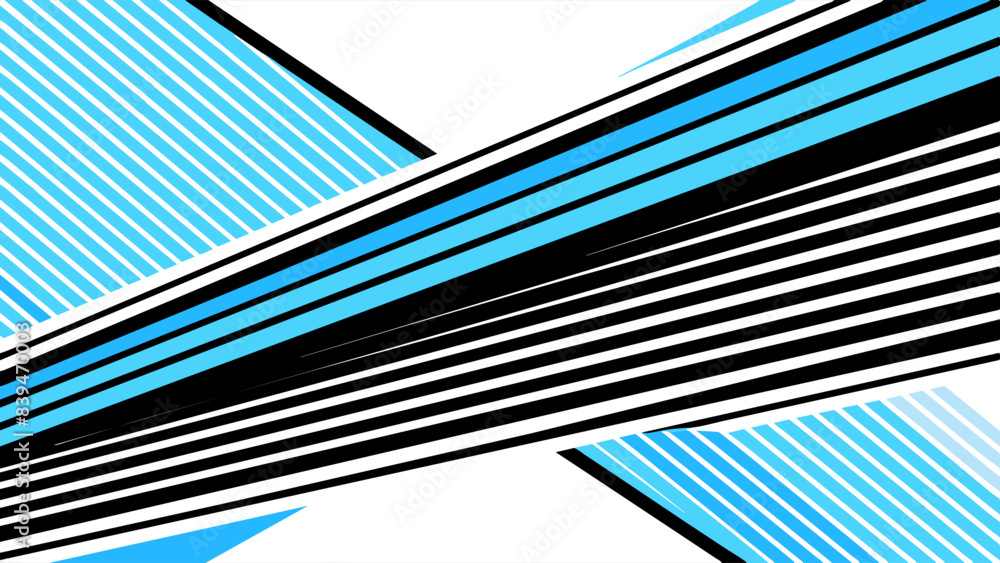 The geometric pattern of black and blue stripes crosses the white background diagonally, giving it a dynamic and modern look. The width and angle of the stripes vary.AI generated.