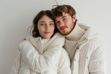 Sticker - Portrait of a tender caucasian couple in their 20s sporting a quilted insulated jacket in front of modern minimalist interior