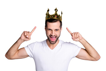 Poster - Portrait of funny funky lovely cheerful excited people person have gemstone ego crown feel rejoice attractive enjoy party laughter dressed light-colored outfit isolated grey background