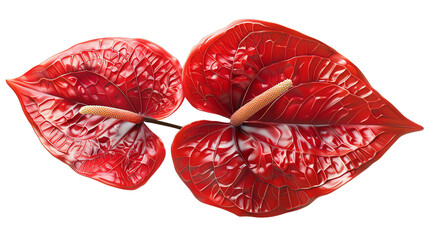 Close-up of two vibrant red anthurium flowers with glossy leaves, isolated on transparent  background