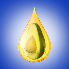 Wall Mural - Cooking oil drop with half of avocado inside on blue background
