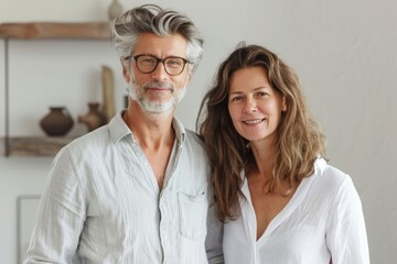 Wall Mural - Portrait of a happy couple in their 40s wearing a simple cotton shirt while standing against modern minimalist interior