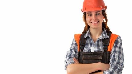 A woman wearing a construction helmet and safety vest smiles at the camera