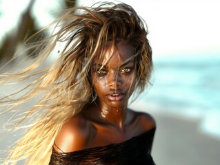 Wall Mural - An African American young woman with beautiful eyes close-up. Well-groomed skin. Beauty and health.