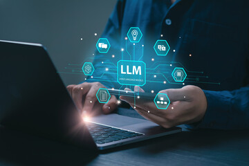 llm, ai large language model concept. businessman holding a smartphone with llm icons on virtual scr