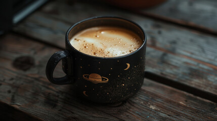 Wall Mural - cup of coffee on wooden table. astronomical luminaries on a cup of coffee.