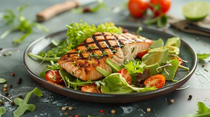 grilled salmon fish fillet and fresh green lettuce vegetable tomato salad with avocado guacamole, hy