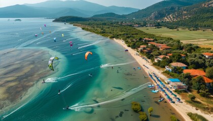 Wall Mural - Kite Surfing Paradise: A Bird's Eye View of Akyaka, Turkey's Premier Kiteboarding Destination