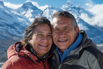 Wall Mural - Portrait of a grinning latino couple in their 50s wearing a functional windbreaker in snowy mountain range