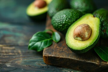 Avocados are cut in half on a wooden cutting board, ready for preparing food