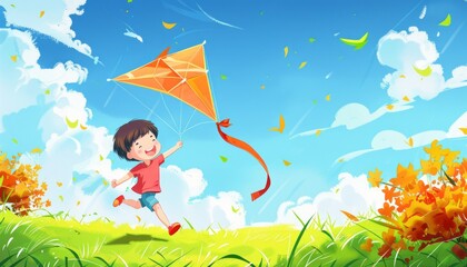 Joyful Asian Boy Soaring with a Kite on a Sunny Grass Field