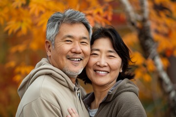 Sticker - Portrait of a blissful asian couple in their 60s wearing a zip-up fleece hoodie over background of autumn leaves