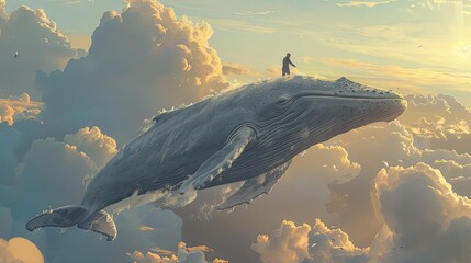 Sky Whale Ride. A person riding a massive, flying whale through a surreal sky.