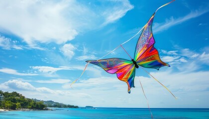 Wall Mural - Ocean Breeze: A Vibrant Butterfly Kite Soaring Above the Azure Sea and Sky