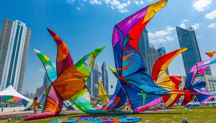 mesmerizing display of multi-colored kites at dubai kite festival in jumeirah beach