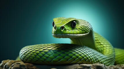 A clean mockup of a Boomslang, illustrating its vibrant green scales and large eyes, isolated on a white background 