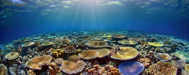 Drone shot of a vast coral reef teeming with diverse marine life, focusing on intricate fish schooling patterns Crystal-clear water, vibrant colors, high-resolution, photorealistic