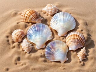 Wall Mural - sea shells on sand .Postcard, background, banner, advertisement, flyer, letterhead, design