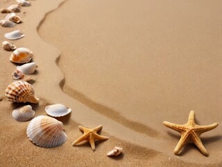 Wall Mural - Frame of sea shells on sand with free space for text in the center.