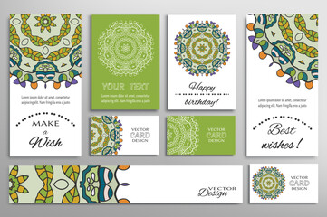Wall Mural - Big set of greeting Cards or wedding Invitations. Postcards template with inscription Make a Wish, Best Wishes, Happy Birthday. Banner, business cards with mandala ornament. Isolated design elements