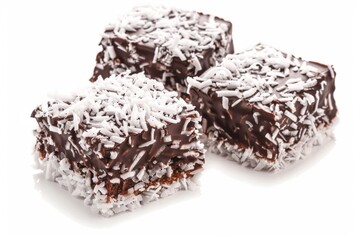 Indulge in a close-up of a mouthwatering lamington, a traditional Australian dessert, covered in rich chocolate and coconut flakes on a clear white background.