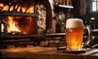 © Sanan - Mug of beer on a wooden table in a pub or bar. ai generative