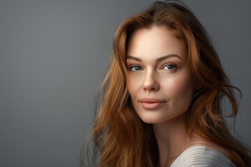 Wall Mural - Young brunette on a gray background. Feminine beauty.