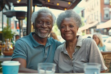 Wall Mural - Portrait of a jovial mixed race couple in their 80s wearing a breathable golf polo while standing against bustling city cafe