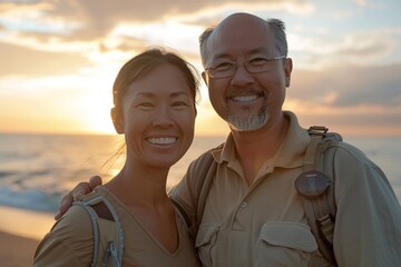 Wall Mural - Portrait of a grinning asian couple in their 20s sporting a breathable hiking shirt isolated in beautiful beach sunset
