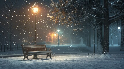 A bench in a snowy park at night, illuminated by the soft glow of a streetlight, with snowflakes drifting down around it.