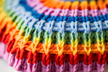 Poster - Close-up details showcase the vibrant colors and intricate stitches of a cozy, homemade knit sweater. Each stripe bursts with a rainbow hue, highlighting the unique charm of handcrafted clothing.