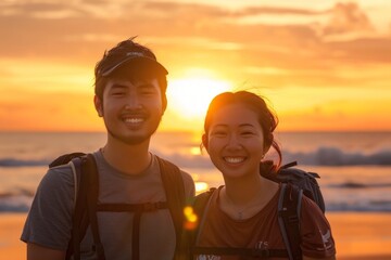 Wall Mural - Portrait of a grinning asian couple in their 20s sporting a breathable hiking shirt isolated on beautiful beach sunset