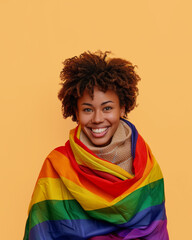 Wall Mural - Smiling woman wrapped in rainbow flag, standing against solid yellow background. Concept LGBTQ pride