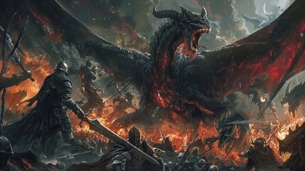 Wall Mural - Dark Fantasy Battle. An epic battle between knights and monstrous creatures in a dark fantasy realm.