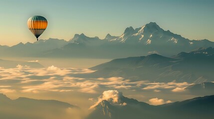 a hot air balloon flying high in the sky with a mountain range in the background