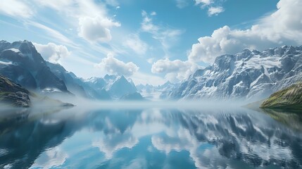 a serene mountain lake. The sky above the lake is a mix of blue and white clouds, suggesting a clear day. The reflection of the mountains on the lake's surface adds to the tranquility of the scene