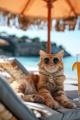 Wall Mural - The beige cat is sitting in the beach chair under a yellow straw umbrella and drinking cocktail