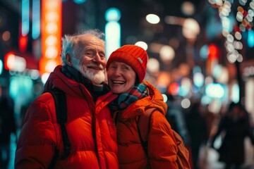 Wall Mural - Portrait of a happy couple in their 60s dressed in a water-resistant gilet in bustling city street at night