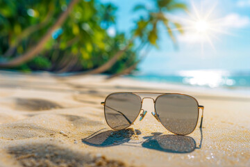 Wall Mural - A pair of sunglasses is laying on the sand at the beach, concept of vacation and traveling in summer