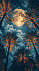 Sticker - A beautiful night sky with a full moon and three palm trees