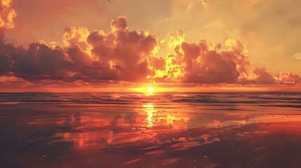 Wall Mural - a sunset over a vast beach at the horizon. The sky is filled with clouds and is in hues of orange and pink, with the sun partially visible