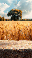 Canvas Print - A field of golden wheat with a tree in the background