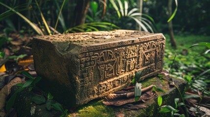 Wall Mural - Ancient stone carving in a tropical jungle