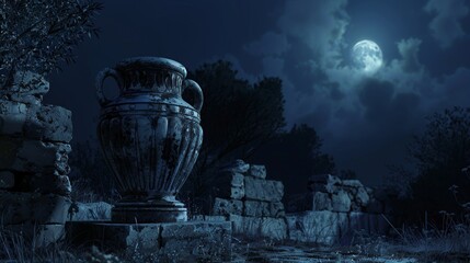 Wall Mural - Ancient vase in ruins under a full moon for historical or fantasy designs